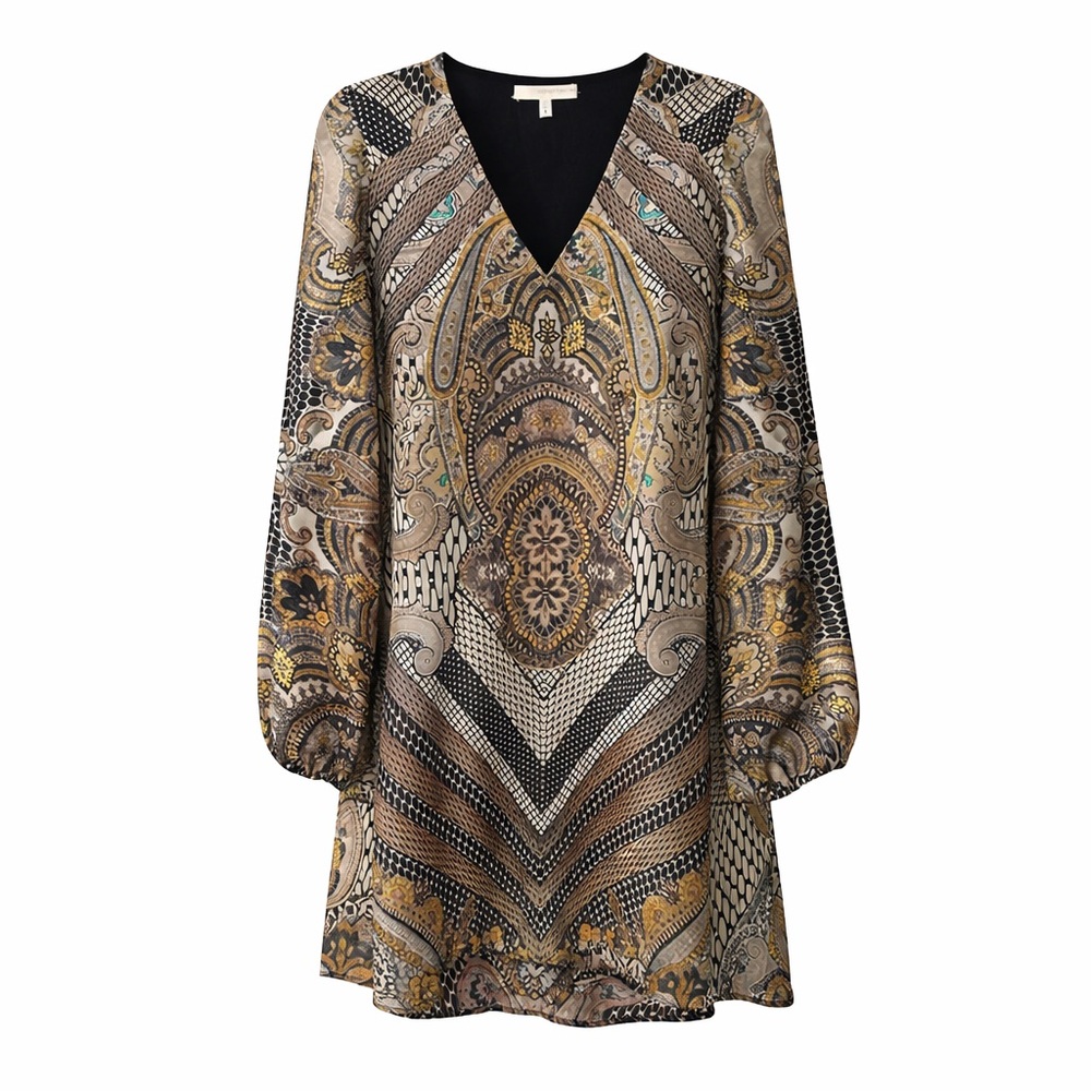 Lavender Brown Boho Paisley Shift Dress | V-Neck | Balloon Sleeve | Small
